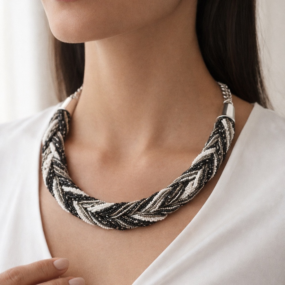 Black White Silver Gray Braided Seed Bead Statement Necklace Bracelet Set Cones - Picture 8 of 12
